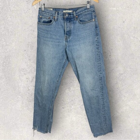 Revolve Levis Wedgie Raw Hem Button Fly High Rise Denim Shut Up Blue Size 28 - Picture 12 of 15